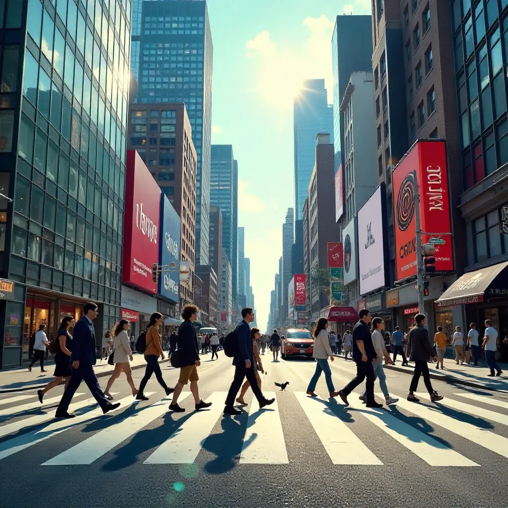 Vibrant City Street Crossing Under a Clear Sky