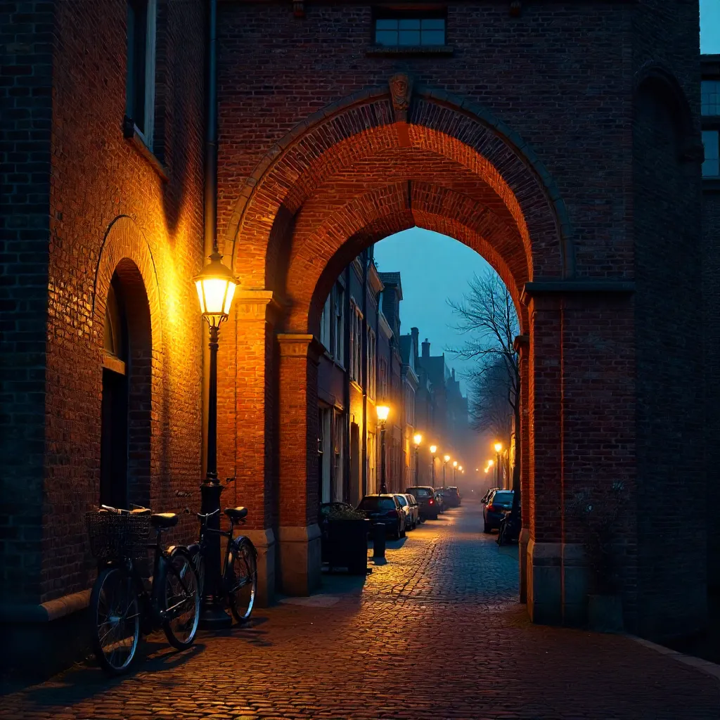 Illuminated Gothic Brick Arch of Utrecht at Night