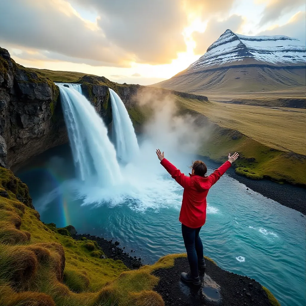 Joyful Moment by Icelandic Waterfall