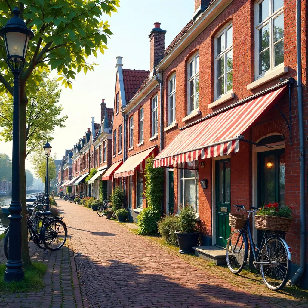 Quaint Volendam Brick Houses with Striped Awnings