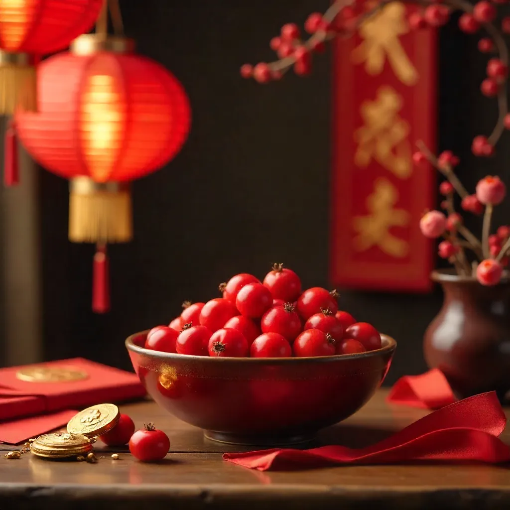 Festive Red Berries and Chinese New Year Decorations