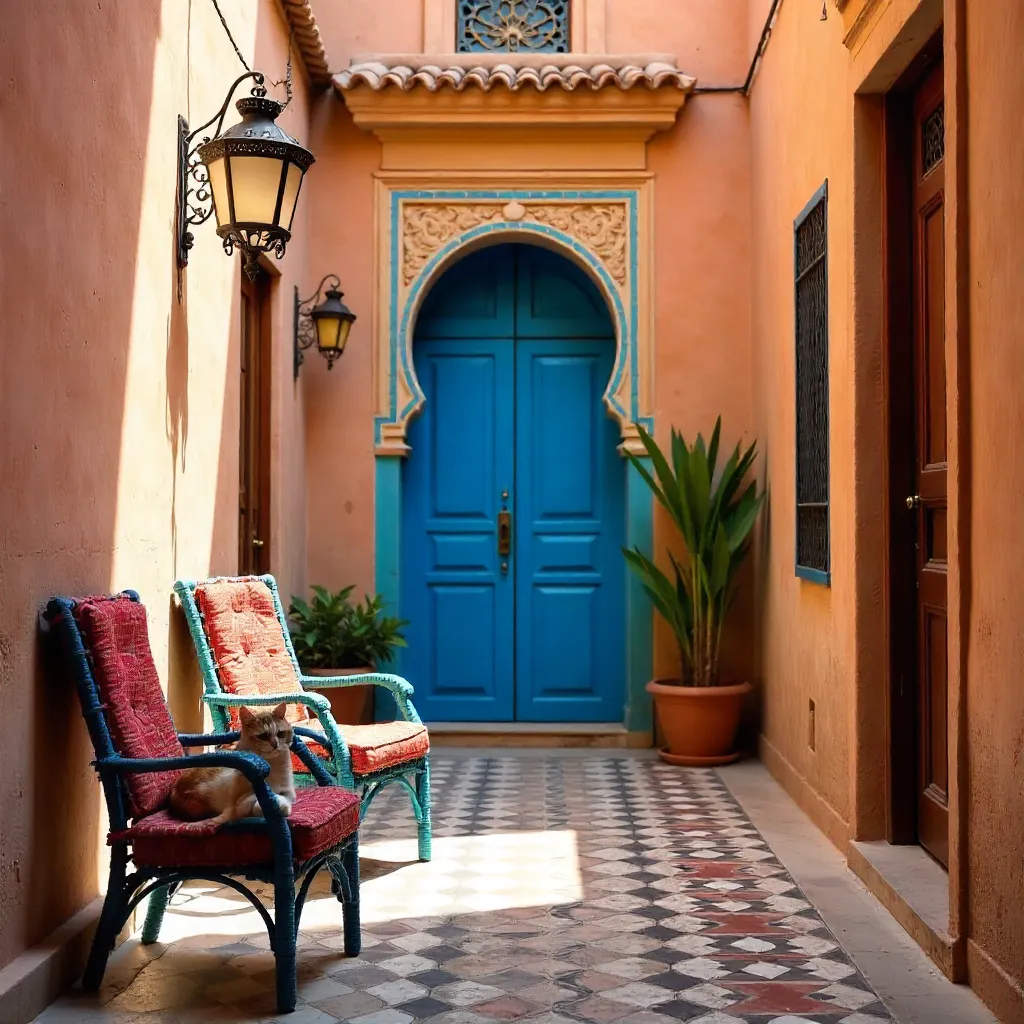 Charming Marrakech Alley with a Cat on Colorful Moroccan Chairs