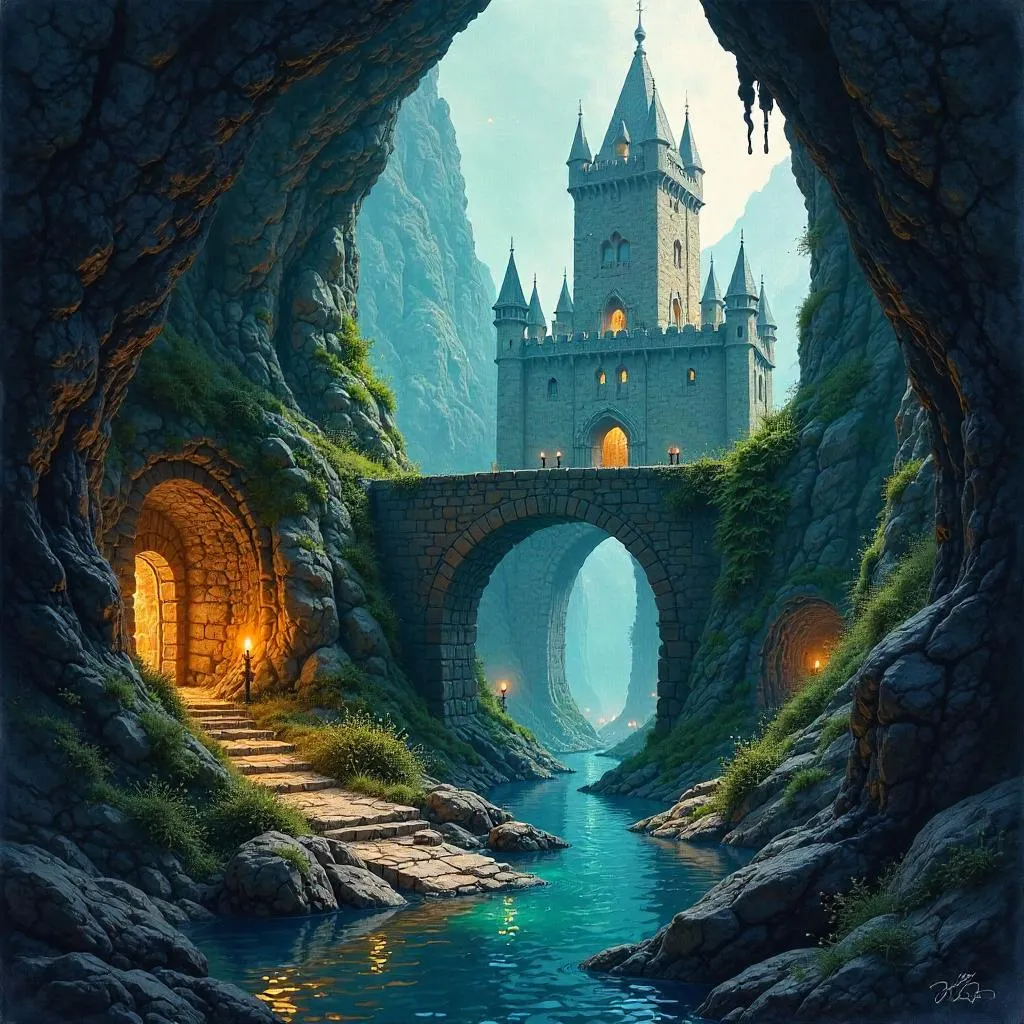 Watercolor Castle in an Underground City