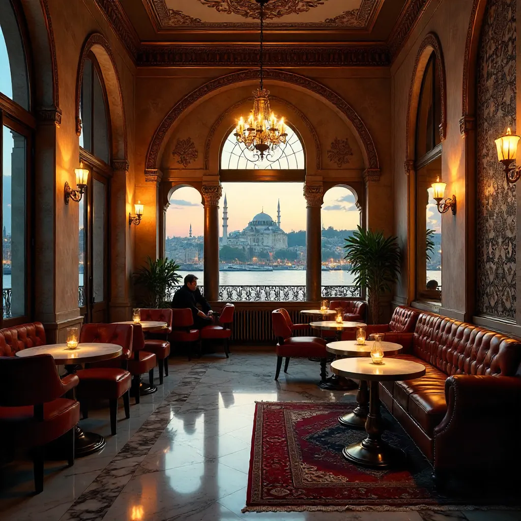 Warmly Lit Istanbul Café with Elegant Seating