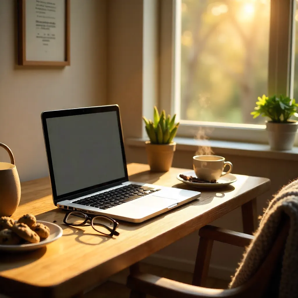 Cozy Desk Scene with Cookies, Laptop and Glasses