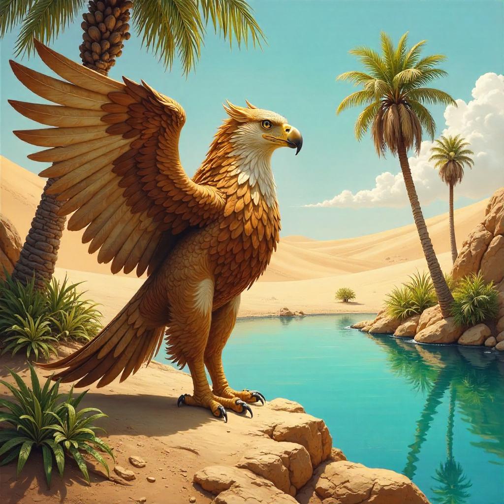 Griffin at the Oasis: An Oil Painting