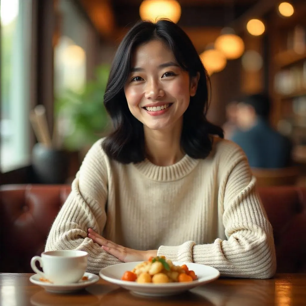 Cheerful Asian Woman in a Cozy Restaurant