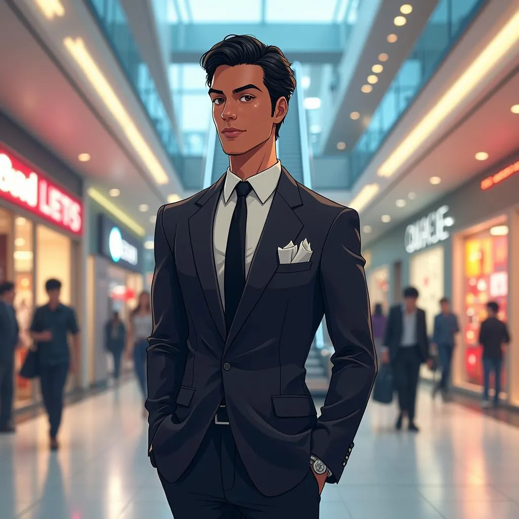 Elegant Latino Man in Anime Shopping Mall
