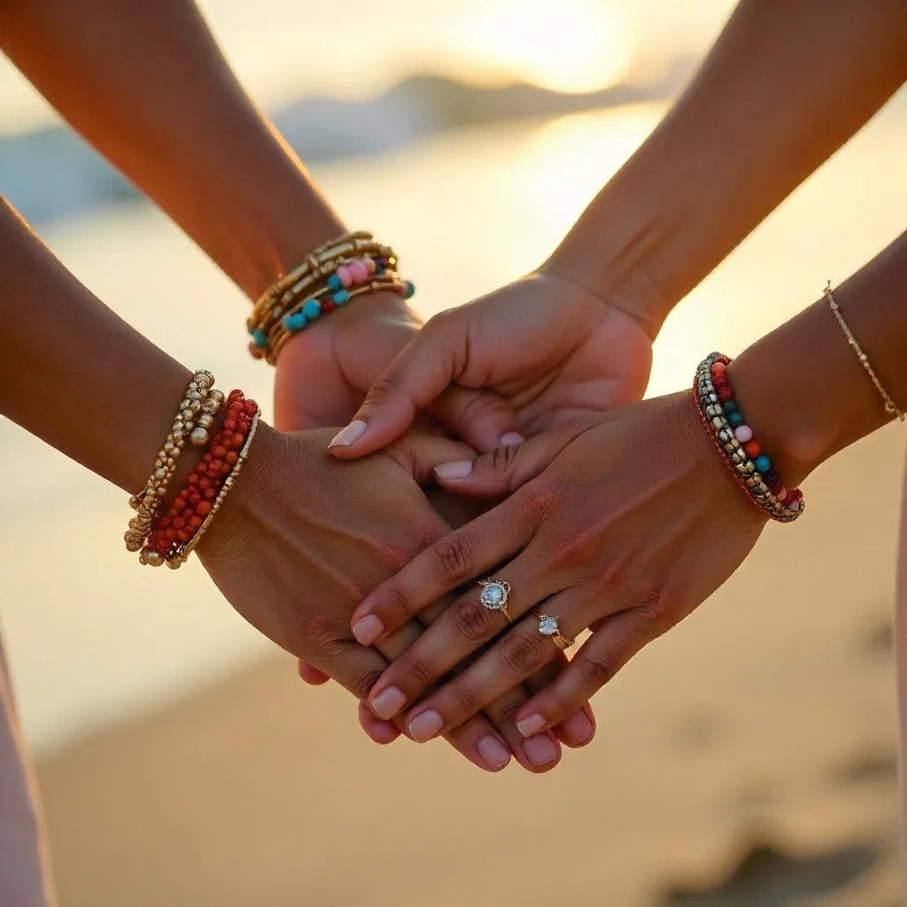 Unity on the Sand: Three Hands with Colorful Jewelry