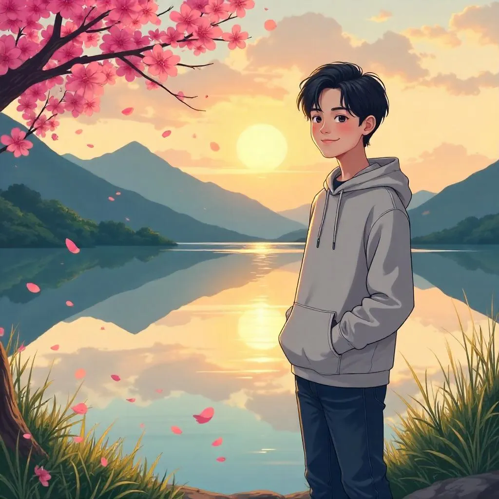 Cartoon Style: A Young Asian Man by a Tranquil Lake
