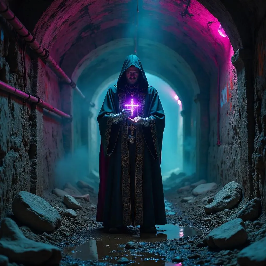 Neon Priest in the Cyberpunk Catacombs