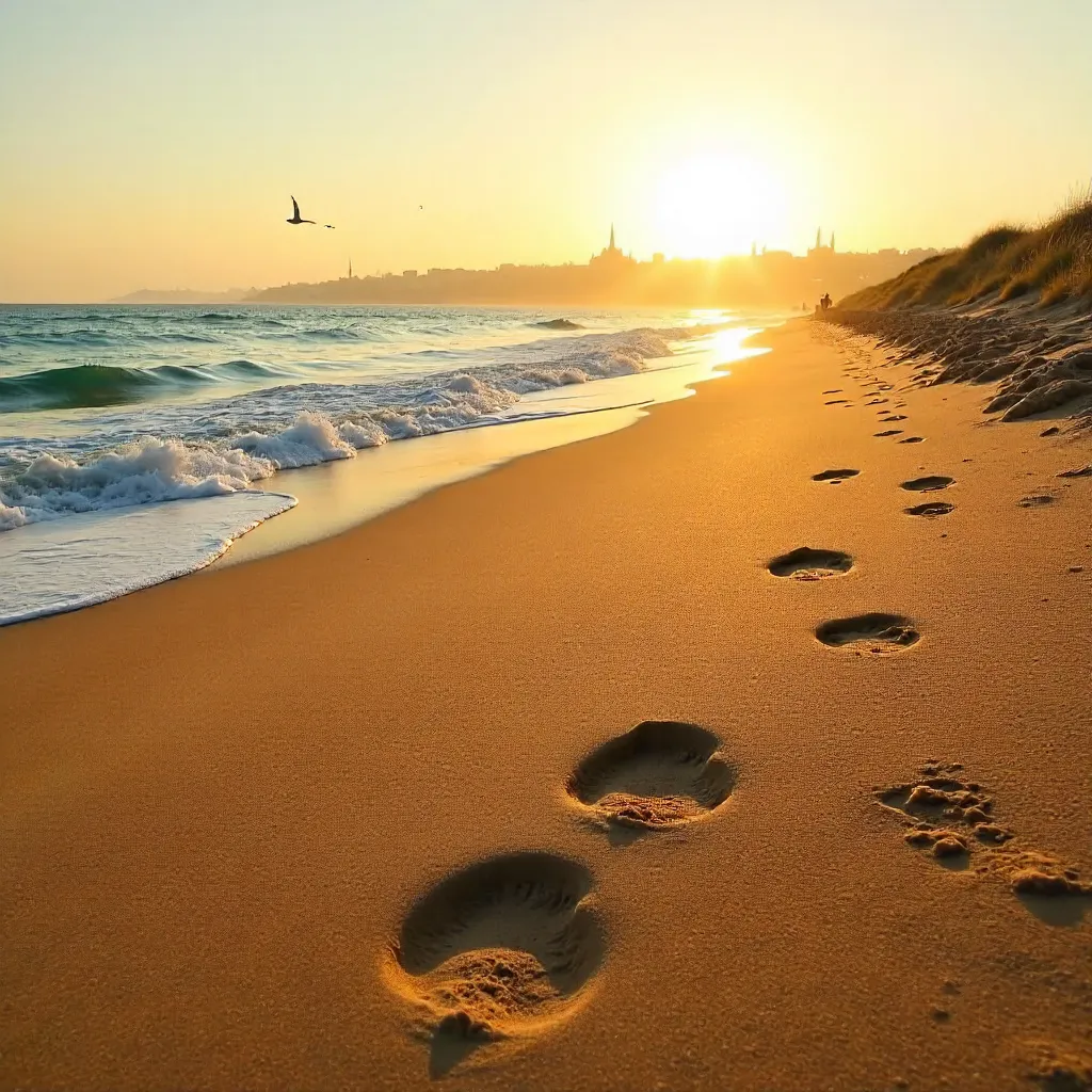 Footprints on Casablanca Beach at Dawn