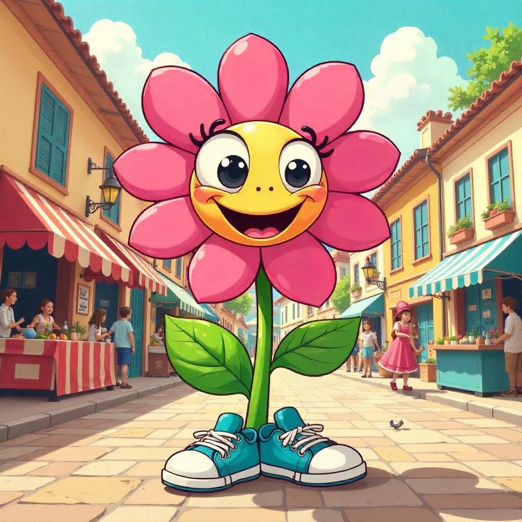 Cheerful Cartoon Flower in a Town Square