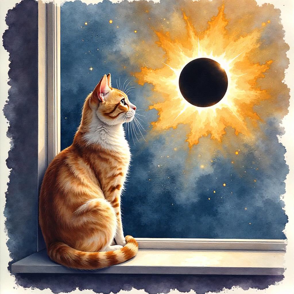 Watercolor Cat Under an Eclipse