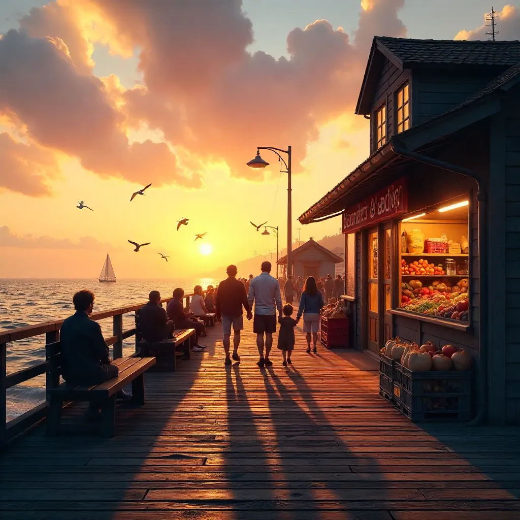 Golden Hour Pier: Visitors, Pigeons, and a Grocery Nearby
