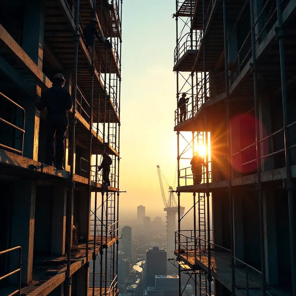 Silhouetted Builders on Scaffolding Against the Sky