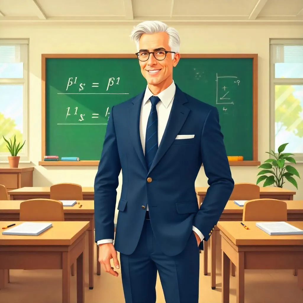 Elegant White Gentleman in a Cartoon Classroom