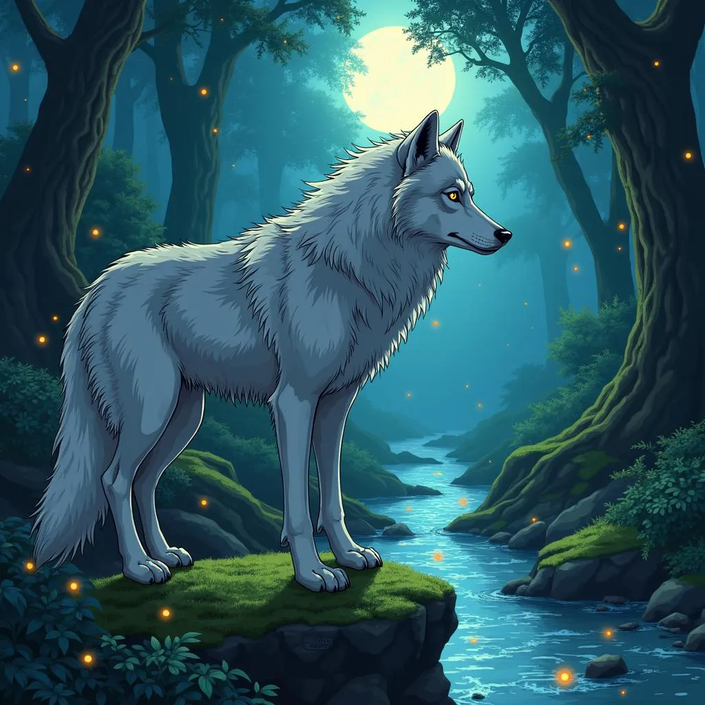 Mystic Wolf in an Enchanted Grove, Anime Style