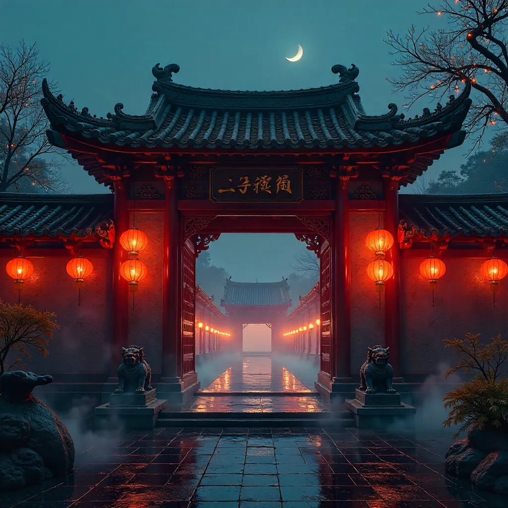 Moonlit Red Lanterns at a Sacred Asian Temple Gate