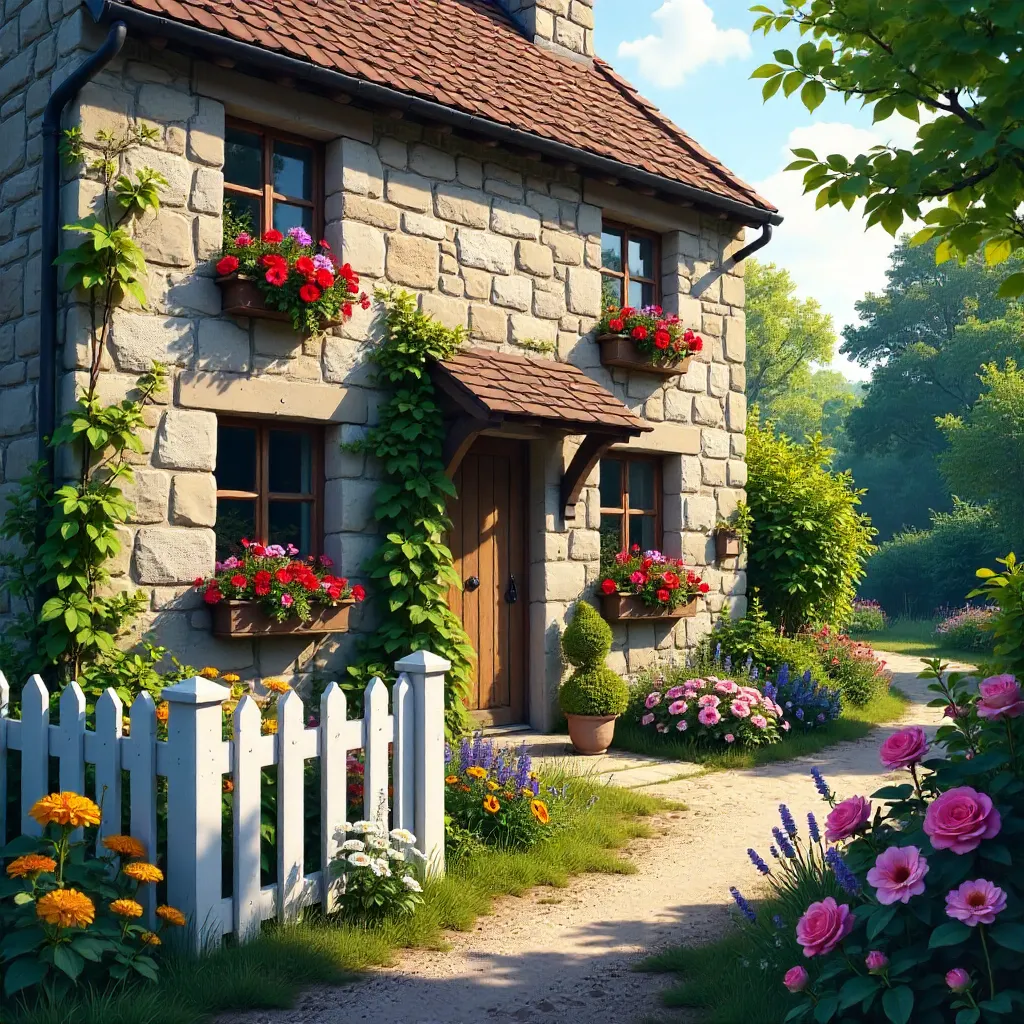 Charming Stone Cottage with Blooming Garden and White Picket Fence