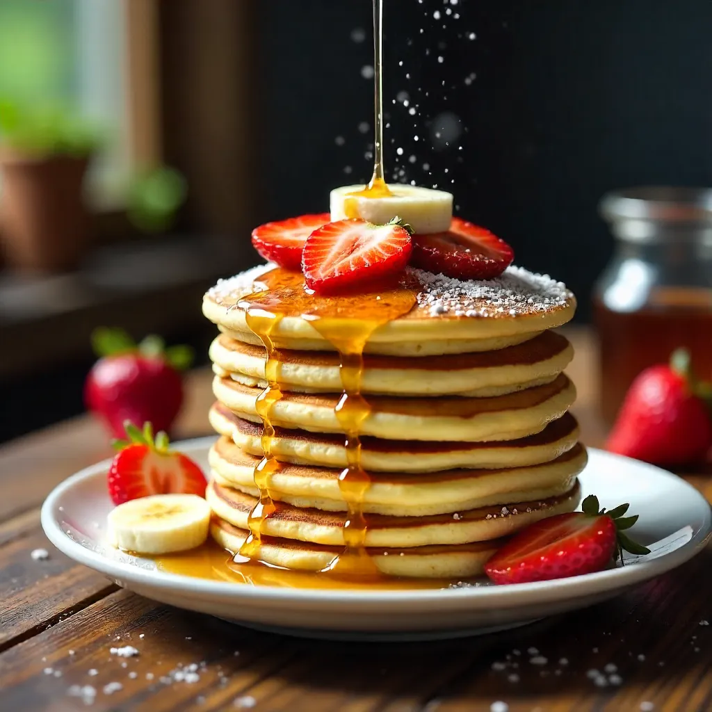 Fluffy Pancake Stack with Strawberries and Bananas
