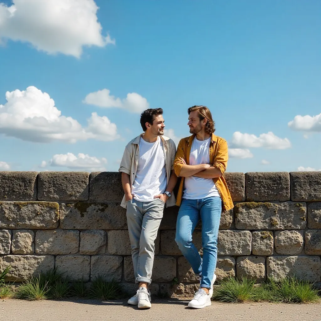 Two Figures by a Stone Wall Under a Blue Sky