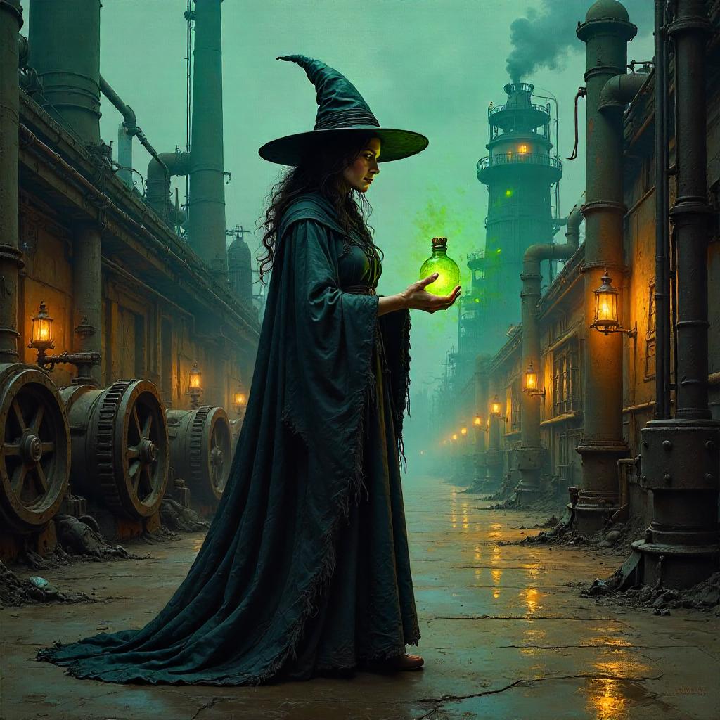Witch in an Industrial Dawn: An Oil Painting