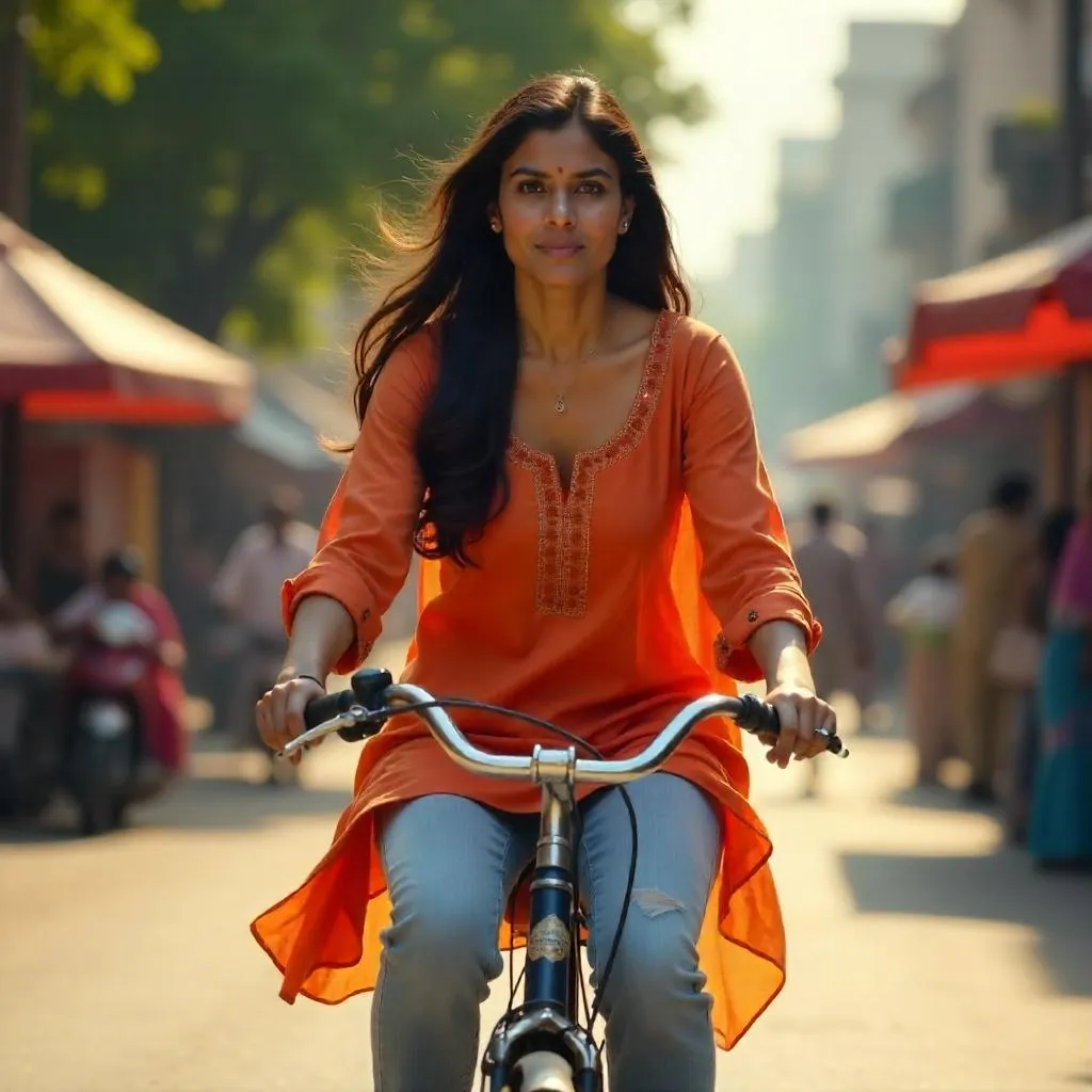 Photorealistic Indian Woman Riding a Bicycle at Sunset