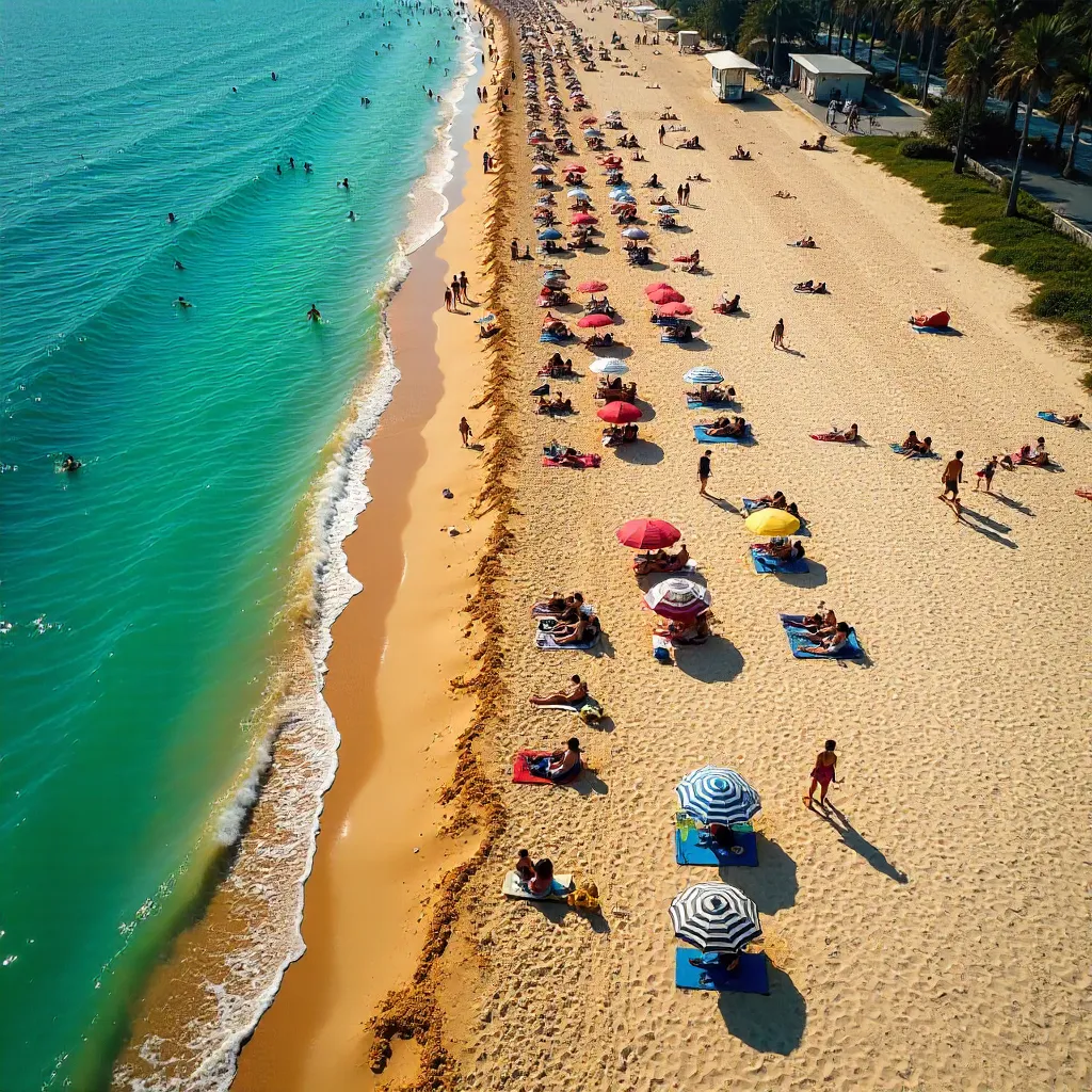 Aerial Beach Day: Sunlit Sand and Swimmers