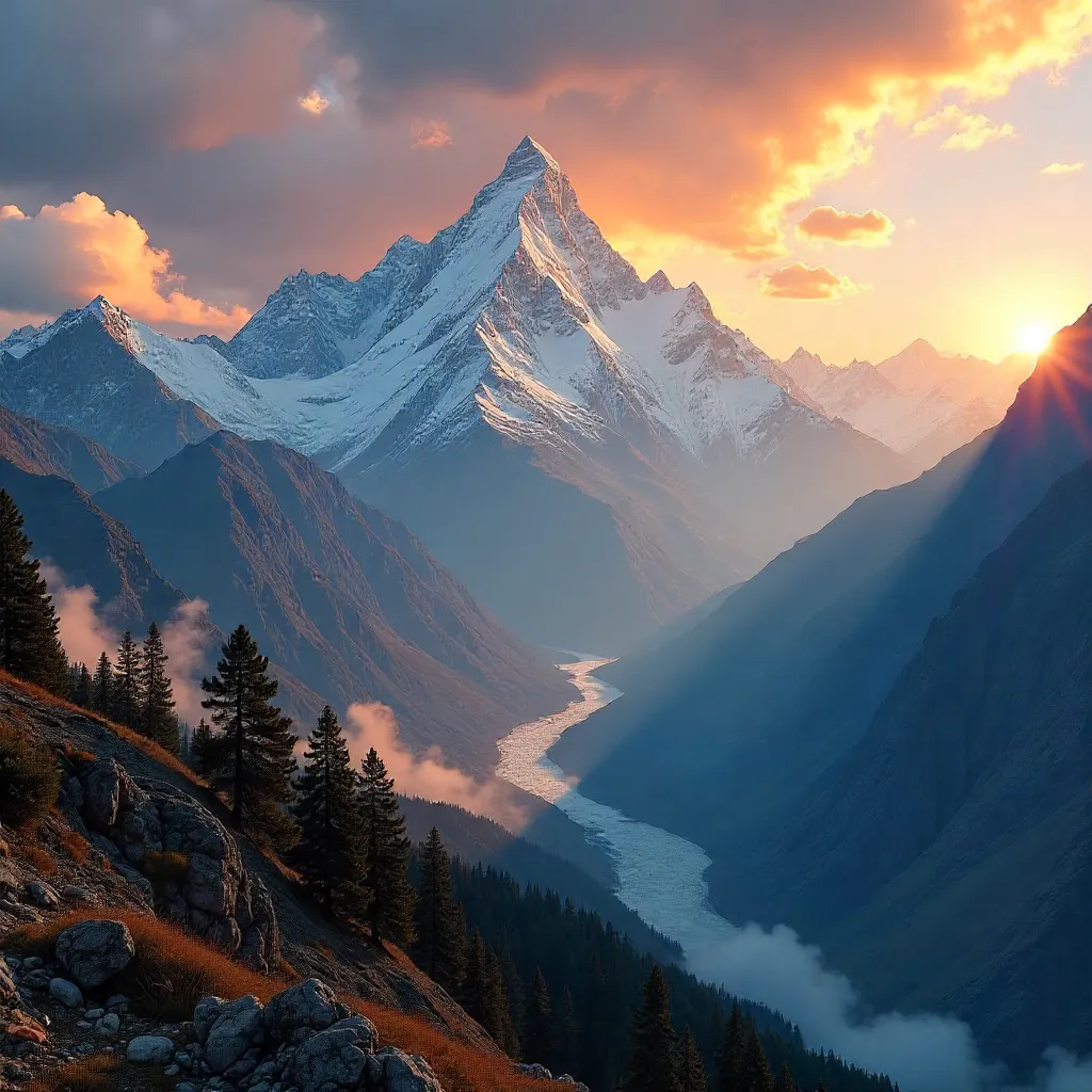 Sunrise Over Nepal's Himalayan Peaks with Dramatic Clouds