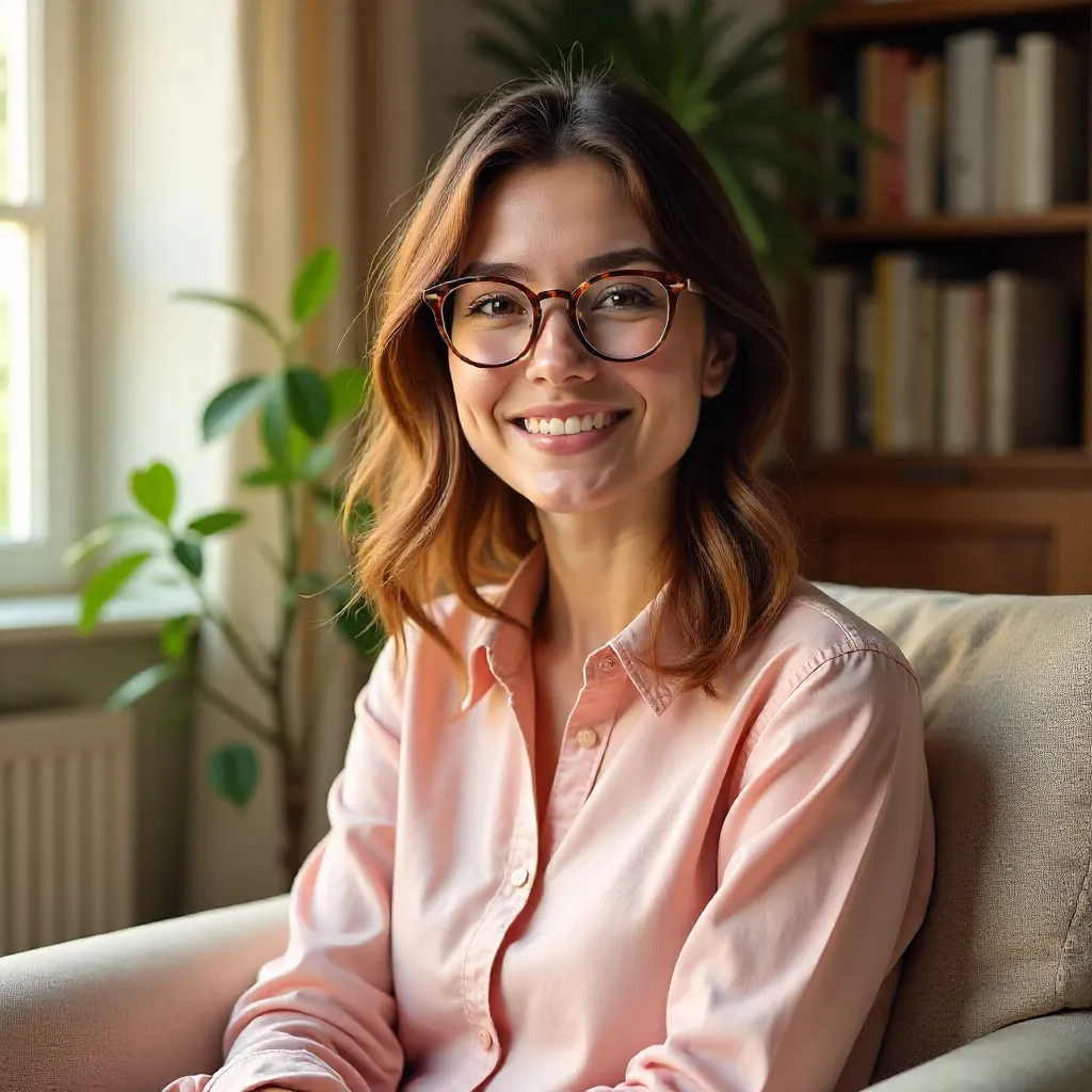 Cozy Indoor Portrait: Relaxed Woman in Pink