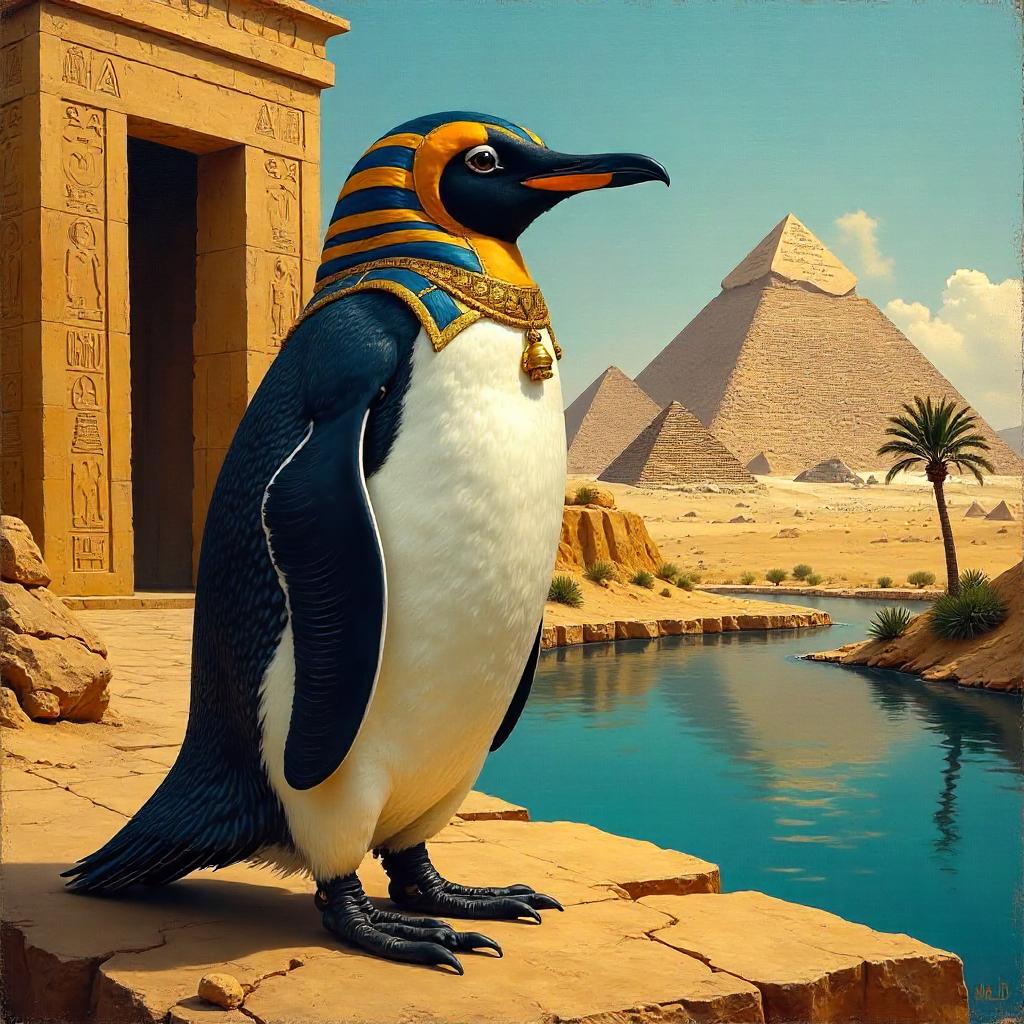 Penguin in Ancient Egypt: An Oil Painting Fantasy