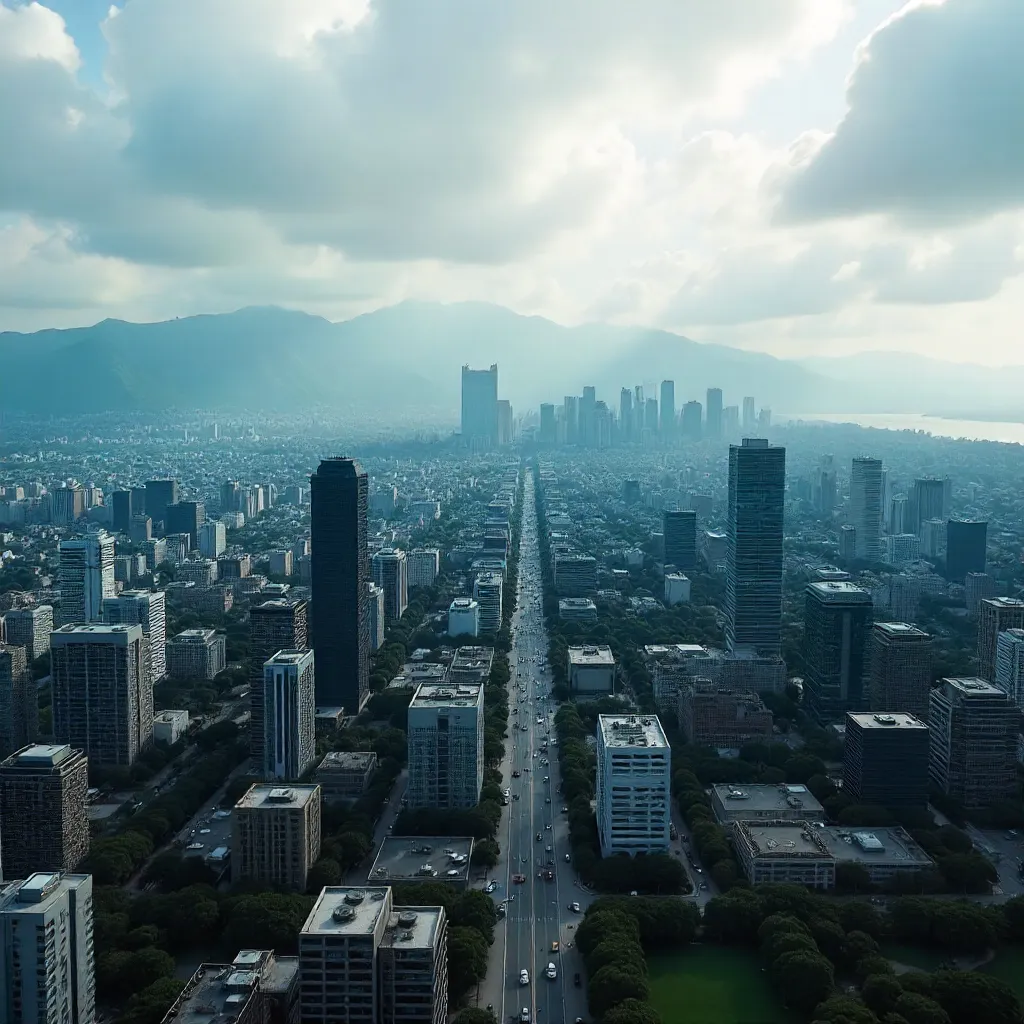Aerial Cityscape with Mountain Backdrop