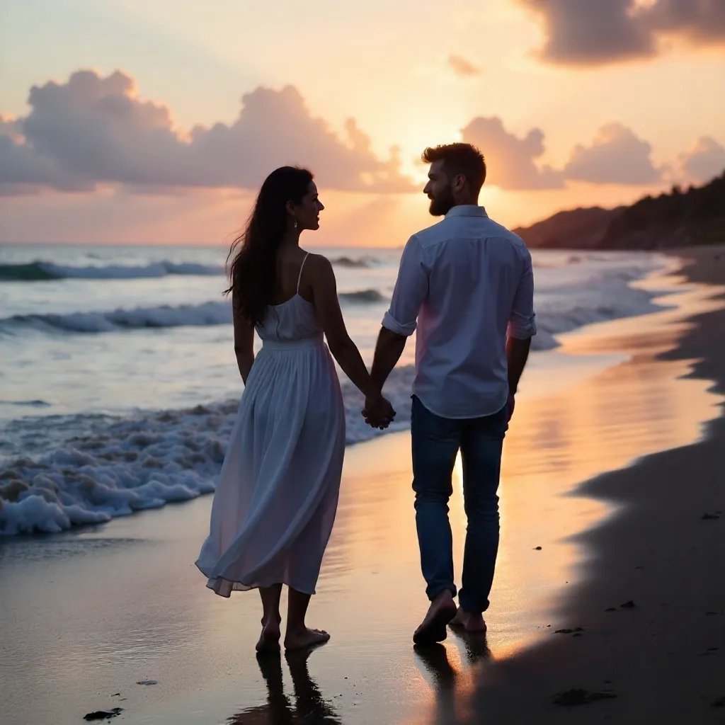 Twilight Hand-in-Hand on a Serene Beach