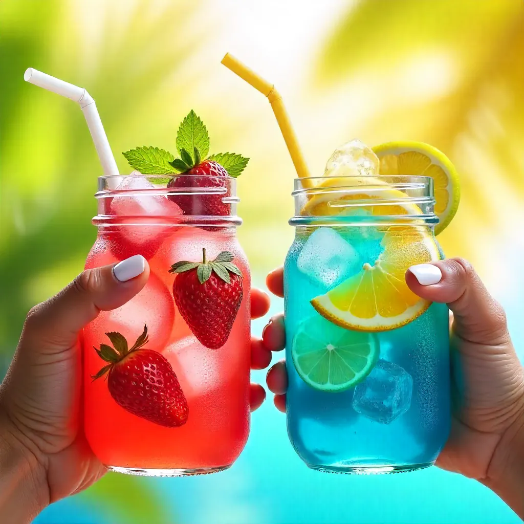 Two Hands Holding Colorful Iced Drinks in Jars
