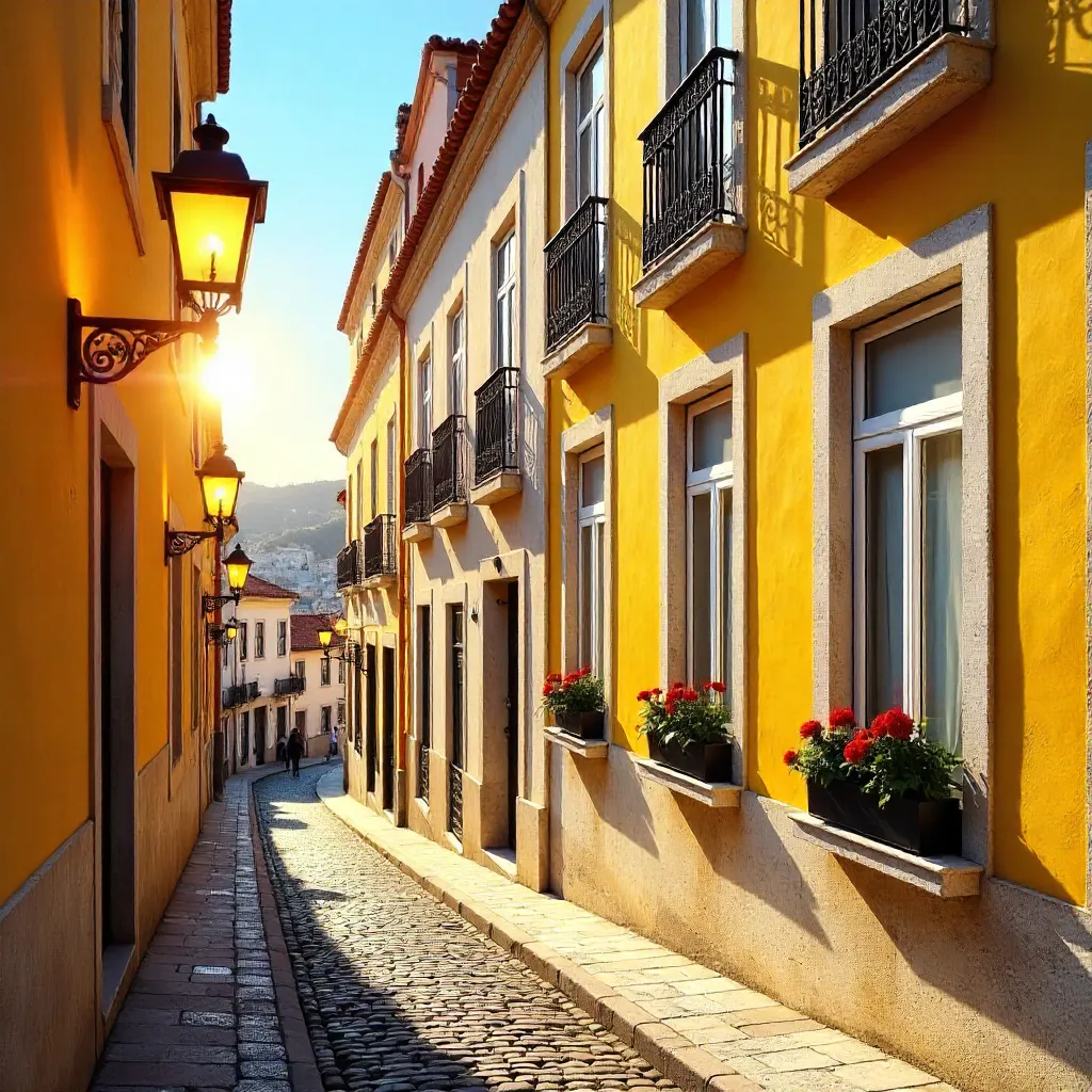 Yellow Lisbon Facade with Classic Windows and Lamp