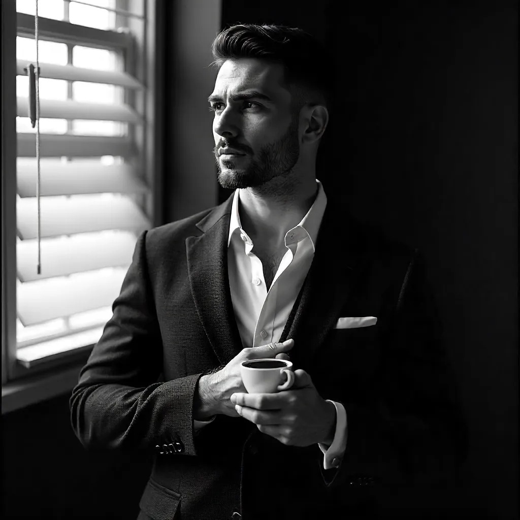 Monochrome Portrait: Stylish Man with Coffee