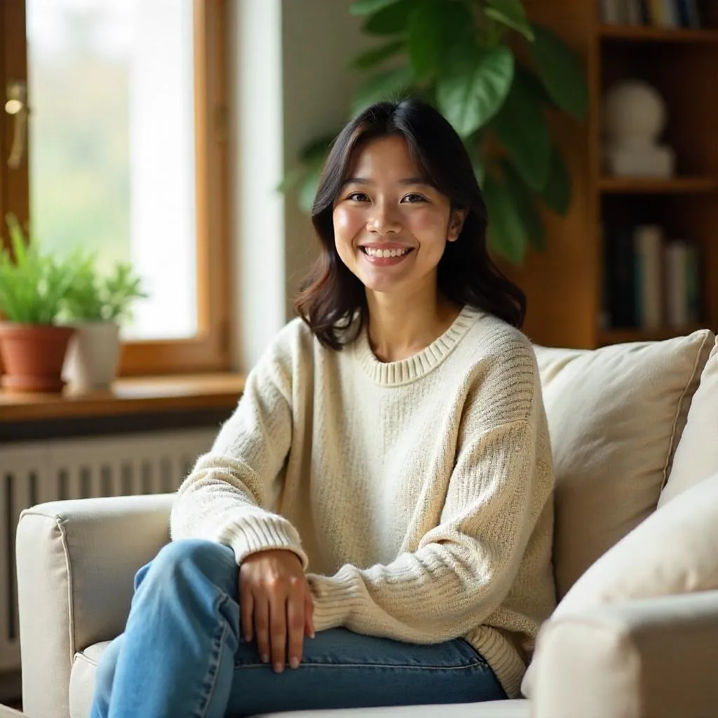 Cheerful East Asian Woman in a Cozy Home Scene