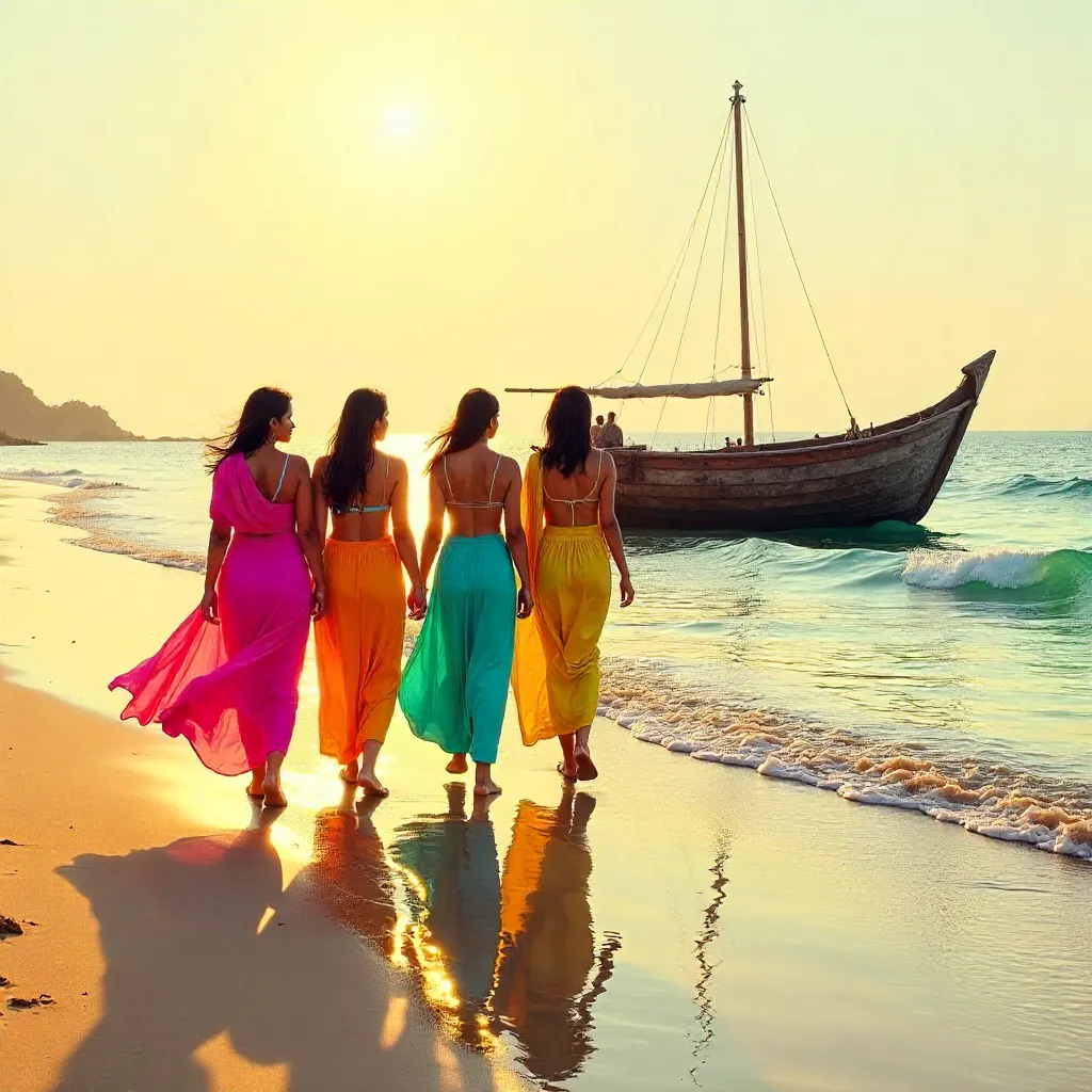 Colorful Coastal Walk: Women on the Beach with Boat