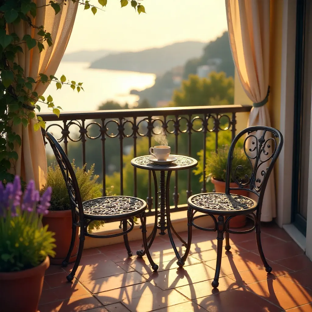 Sunlit Balcony with Coffee and Wrought Iron Chairs