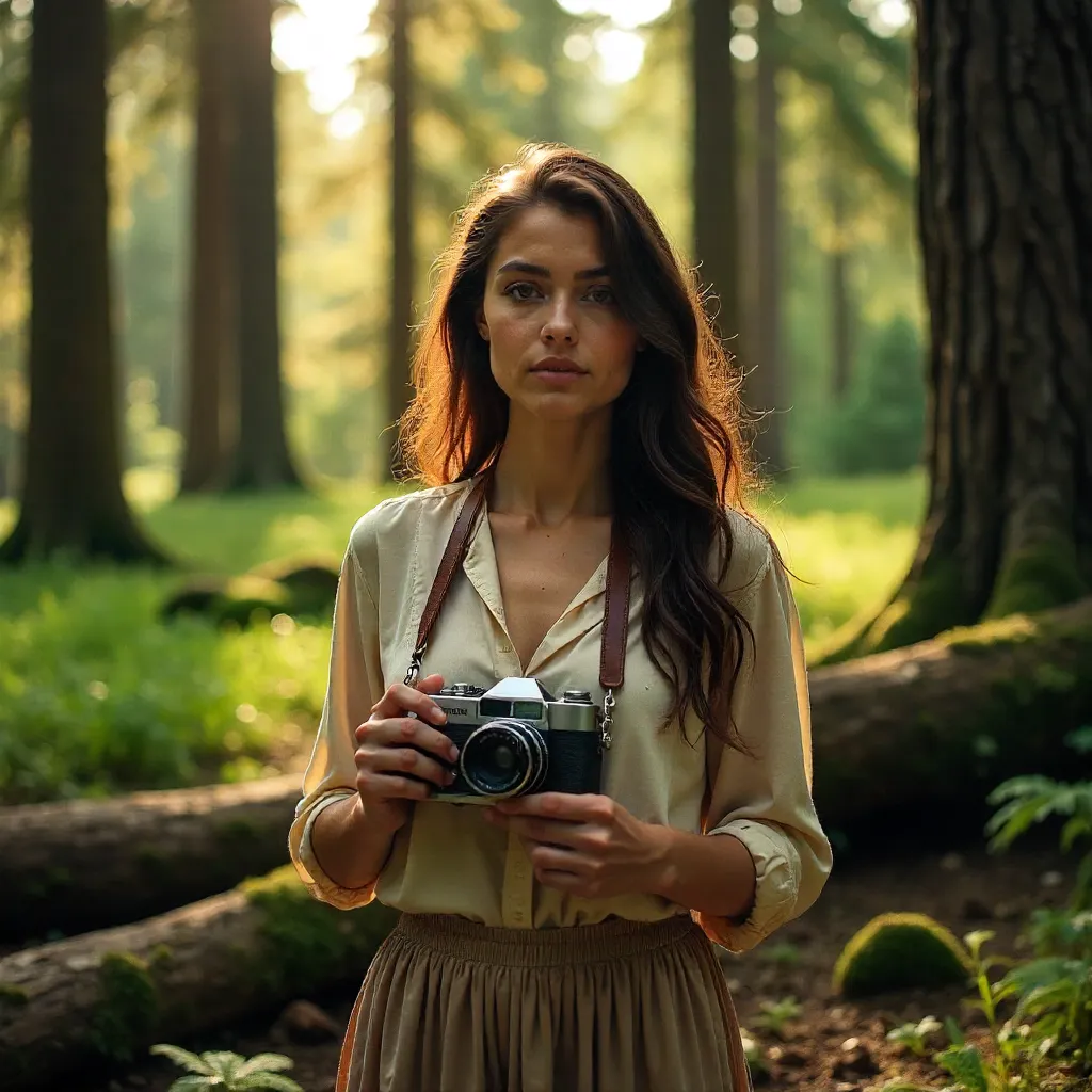 Woman with Vintage Camera in a Sunlit Forest