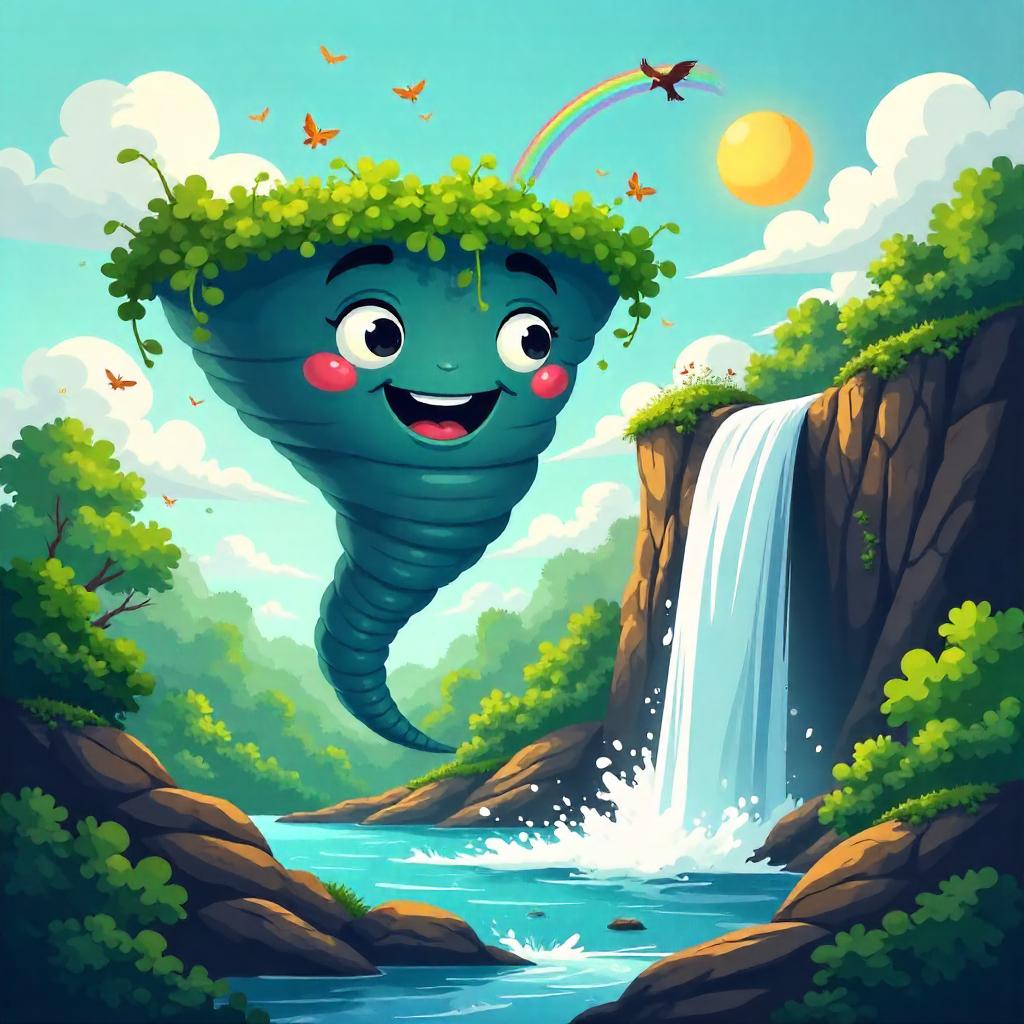 Playful Cartoon Tornado by a Waterfall Scene
