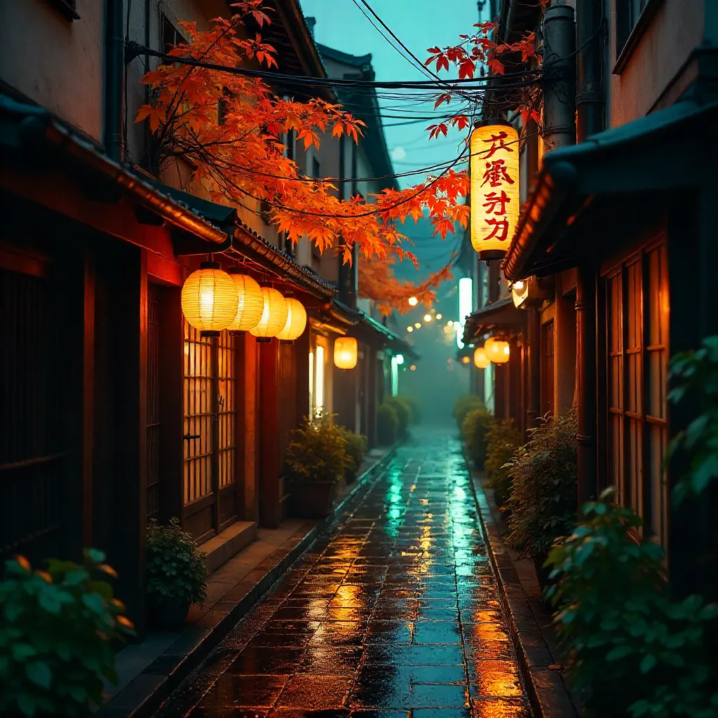Lantern-Lit Tokyo Alley Amid Autumn Foliage