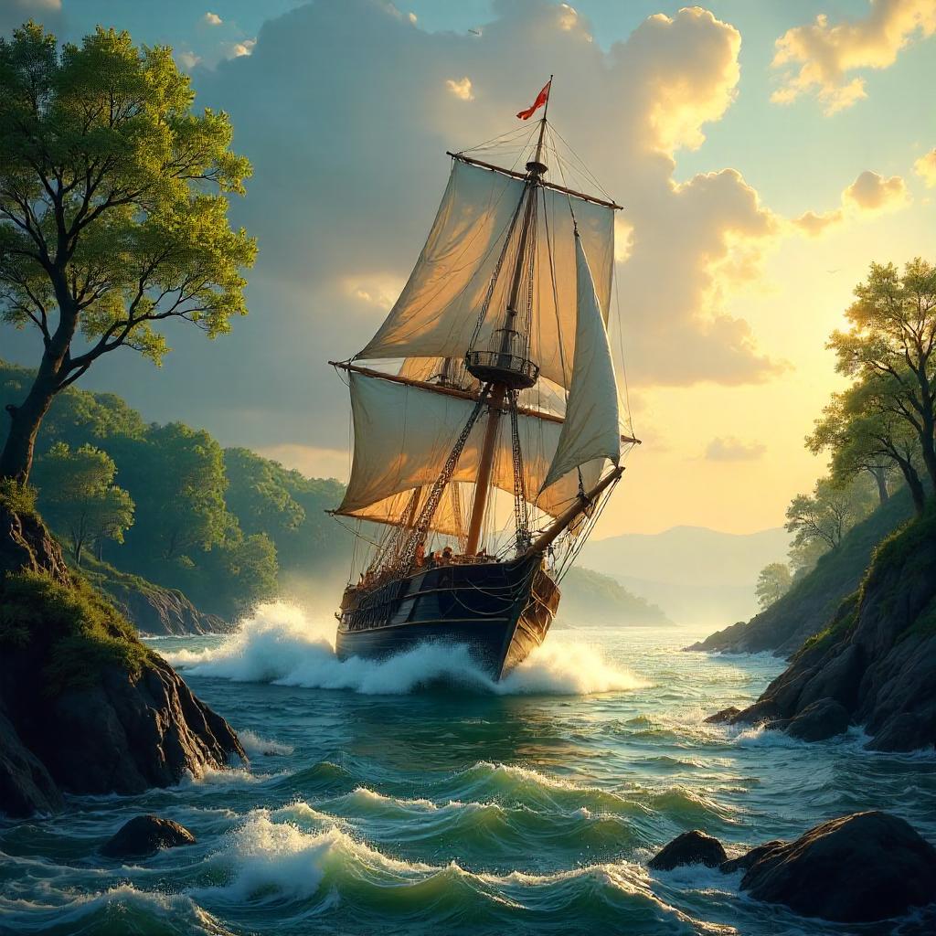 Sailing Ship on a Rushing River - Digital Painting