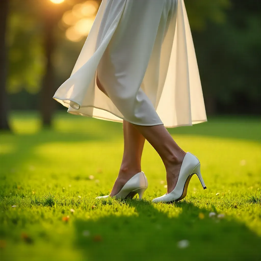 Elegant White-Heel Walk on a Verdant Lawn
