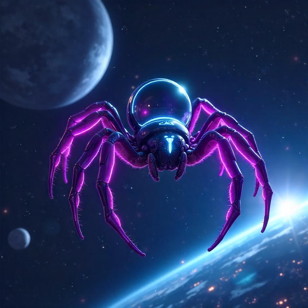 Zero-Gravity Anime Spider with Glowing Silk in Space