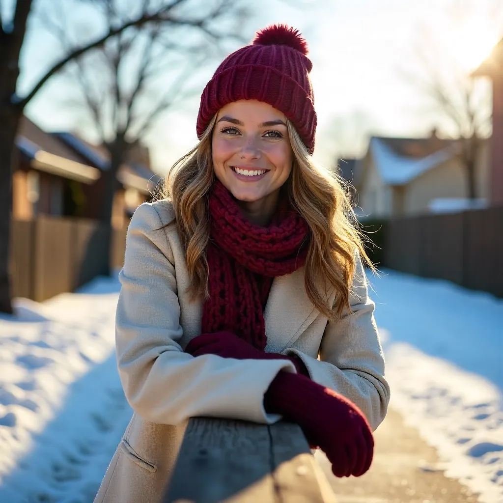 Sunny Winter Day: Woman Leaning on a Wooden Rail