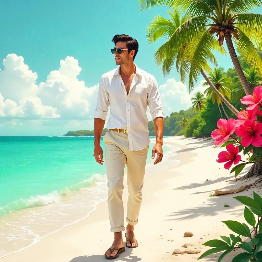 Stylish Asian Man in Watercolor Paradise