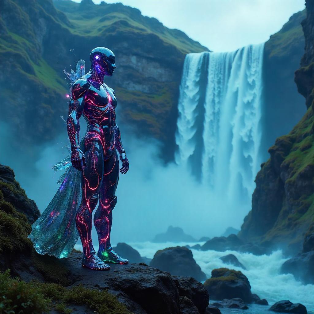 Crystal Entity in Cyberpunk Waterfall Nexus