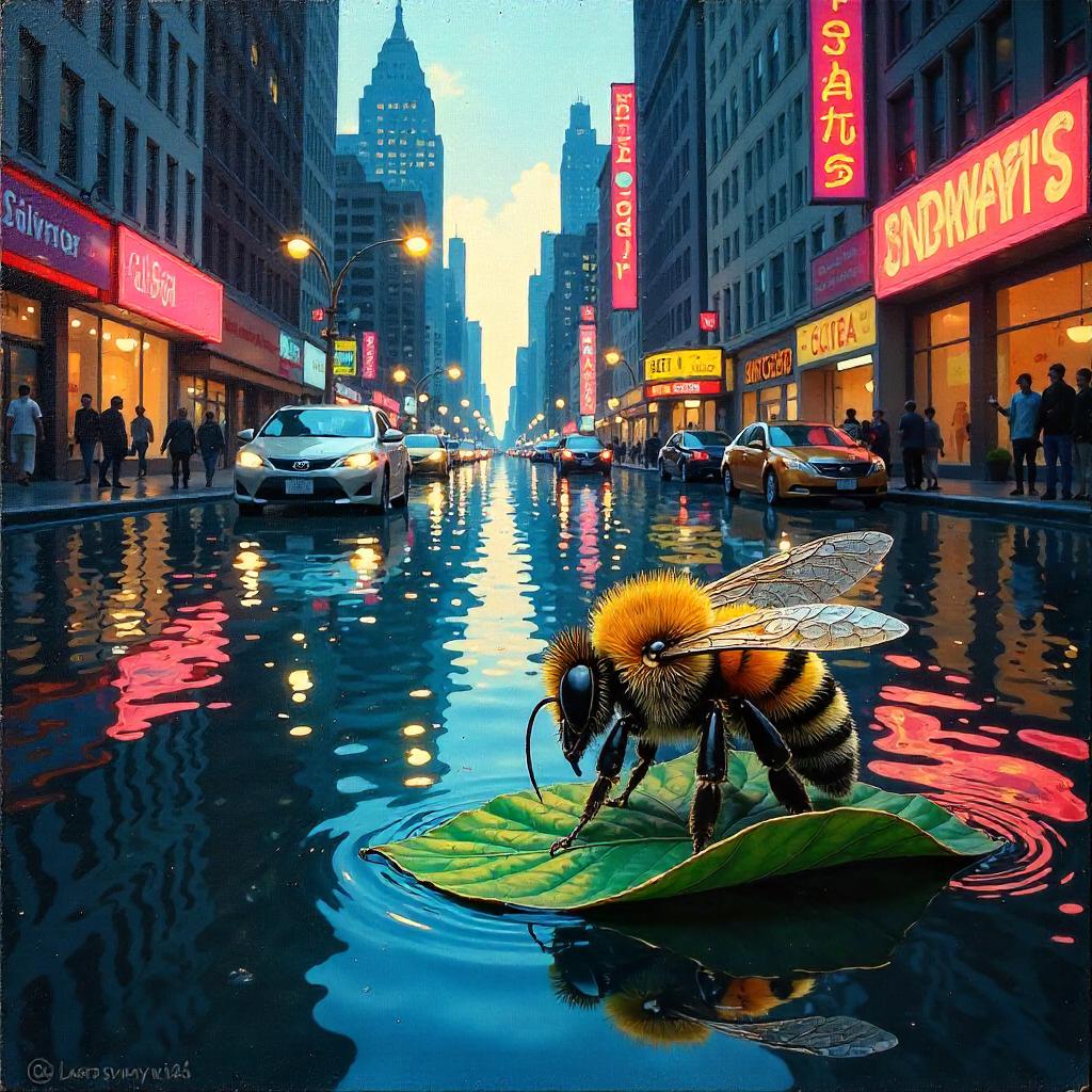 Bee in a Flooded City: An Oil Painting